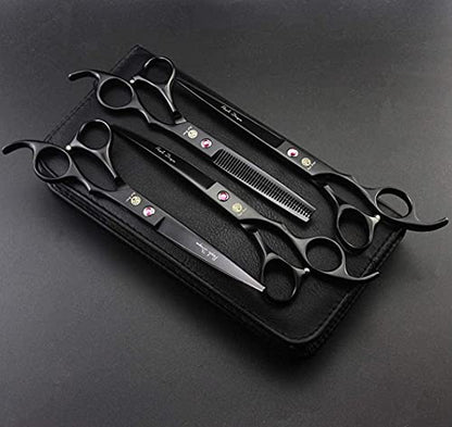 Purple Dragon Professional 7.0 inch 4PCS Pet Grooming Scissors Kit Japan Premium Steel Straight, Curved & Thinning Blade Dog Hair Cutting Shears Set with Case - color: Matte Black