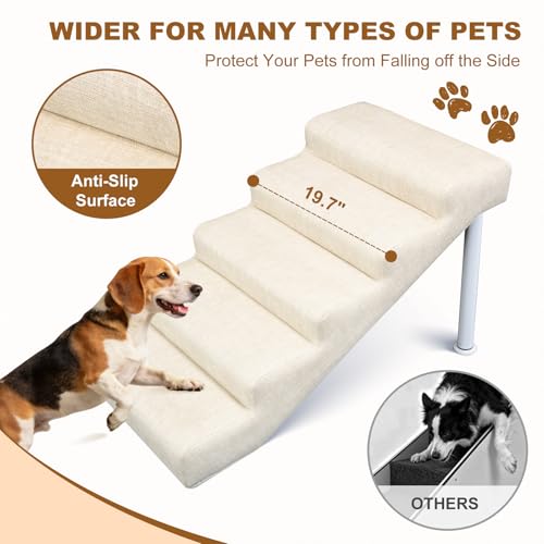 Adjustable Dog Stairs & Ramp for Cats and Dogs, 5-Step Pet Stairs for High Beds and Couch, 18.5"–23.6" Height, Linen Faux Leather, Waterproof, Scratch-Resistant, Non-Slip Indoor Pet Ramp