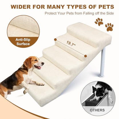 Adjustable Dog Stairs & Ramp for Cats and Dogs, 5-Step Pet Stairs for High Beds and Couch, 18.5"–23.6" Height, Linen Faux Leather, Waterproof, Scratch-Resistant, Non-Slip Indoor Pet Ramp