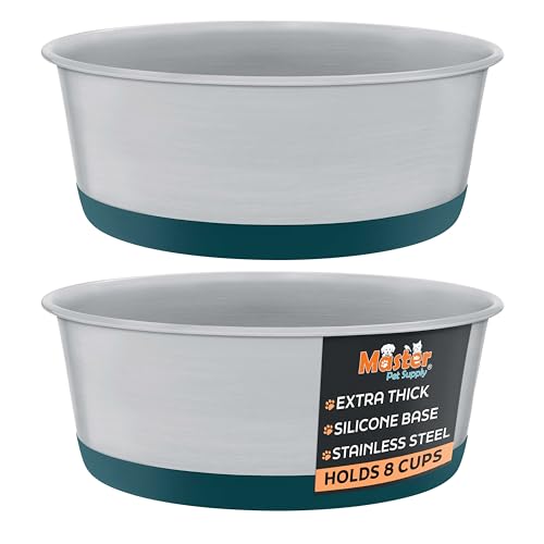 Master Pet Supply Stainless Steel Dog Bowls Set of 2 with Extra Thick Silicone Base - 8 Cup (64 oz) Emerald Sea, Non-Slip, Dishwasher Safe Metal Bowls, Pet Dog Food Bowl for Dogs, Cats, Anti Rust - color: Emerald Sea, size: 8 Cups (64 oz) 2 Pack