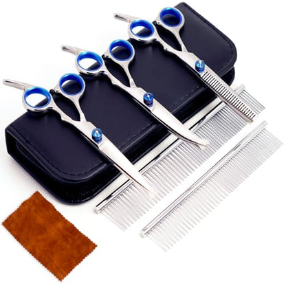 MEDUWEDU 7 in 1 Dog Grooming Scissors Set with Safety Round Head, Sharp and Durable, with Two Stainless Steel Combs, Pet Grooming Scissors for Cats and Dogs