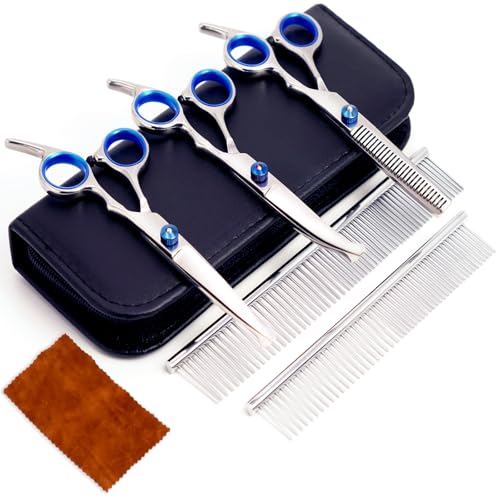 MEDUWEDU 7 in 1 Dog Grooming Scissors Set with Safety Round Head, Sharp and Durable, with Two Stainless Steel Combs, Pet Grooming Scissors for Cats and Dogs