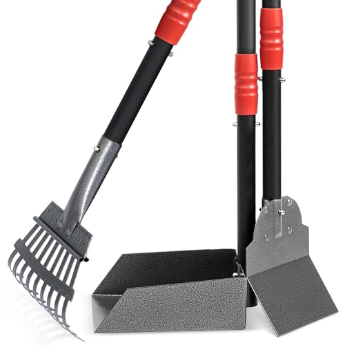 Heeyoo Dog Pooper Scooper, Dog Poop Tray and Rake Set, Pet Waste Removal Scoop with Long Adjustable Sectional Stainless Handles - color: Black/Red