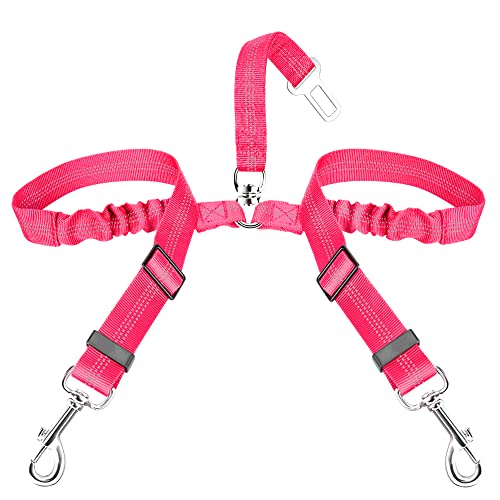 SlowTon Dog Seat Belt, Double Dog Seatbelt Adjustable Vehicle Safety Leash with Elastic Bungee Buffer, Reflective No Tangle Y Shape Two Dog Harness Seat Belt Splitter for Pets Car Trip (F-Pink, S) - color: B.Fluorescent Pink, size: 2 Small in 1
