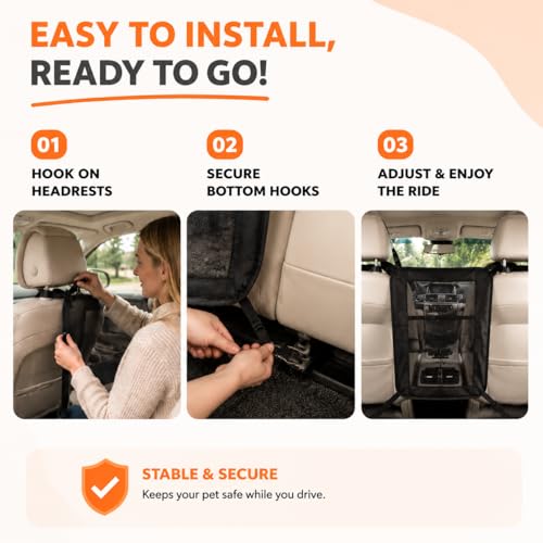 Dog Car Barrier, Dog Car Net Barrier, Heavy Duty Canvas Seat Divider with Belt Set, Double-Sided Organizer, Adjustable Pet Safety Kit, Precision Fit for SUV & Cars