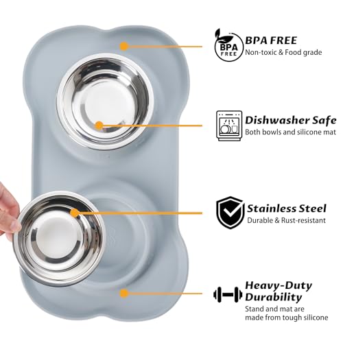 Hubulk Pet Dog Bowls 2 Stainless Steel Dog Bowl with No Spill Non-Skid Silicone Mat + Pet Food Scoop Water and Food Feeder Bowls for Feeding Small Medium Large Dogs Cats Puppies (Medium, Gray) - color: Gray, size: Medium