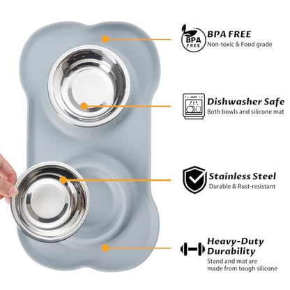 Hubulk Pet Dog Bowls 2 Stainless Steel Dog Bowl with No Spill Non-Skid Silicone Mat + Pet Food Scoop Water and Food Feeder Bowls for Feeding Small Medium Large Dogs Cats Puppies (Medium, Gray) - color: Gray, size: Medium