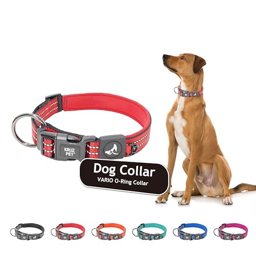 Kruz Dog Collar for Large Dogs (Width - 1", Length - 21"-25") Reflective Adjustable Pet Neck Band with Soft Padding, Heavy-Duty O-Ring, 100% Nylon Strap (Red, Large) - color: Red, size: Large