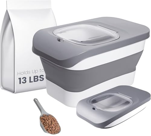 HOYTAMDAR 13 Lbs Dog Food Container, Collapsible Dog Food Storage Container with Airtight Lid, Cat Food Storage container Dry Food for Pets, Rice, Cereal, Silicone Pet Bowl and Dog Food Scoop - color: Grey1-13lbs