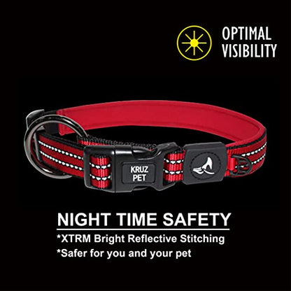 Kruz Dog Collar for Large Dogs (Width - 1", Length - 21"-25") Reflective Adjustable Pet Neck Band with Soft Padding, Heavy-Duty O-Ring, 100% Nylon Strap (Red, Large) - color: Red, size: Large