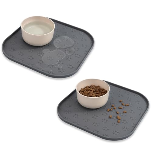 2 Pack Pet Feeding Mats, Waterproof Anti-Slip Placemats for Dog Cat Bowl Silicone Pet Food Mat, Raised Edge Prevent Spills on Floor & Carpet, Dishwasher Safe (2 Gray, 11" x 11") - color: 2 Gray