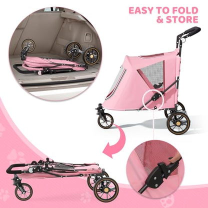 Magshion Pet Stroller for Medium Dogs w/Adjustable Handle, 3-Wheel Dog Cat Wagon w/Dual Entry, Rear Storage, Breathable Mesh, One-Foot Brake, Ideal for Large Pets up to 55 lbs, Pink - color: Pink, style: Up to 55 lbs