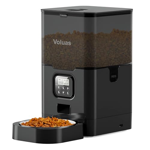VOLUAS Automatic Cat Feeder, 6L Timed Dry Food Dispenser for Cats & Dogs | Programmable Portion Control, Up to 4 Meals Daily, Dual Power Supply, Power-Off Memory, 10-Second Voice Recorder - color: Black Transparent, size: 6 L