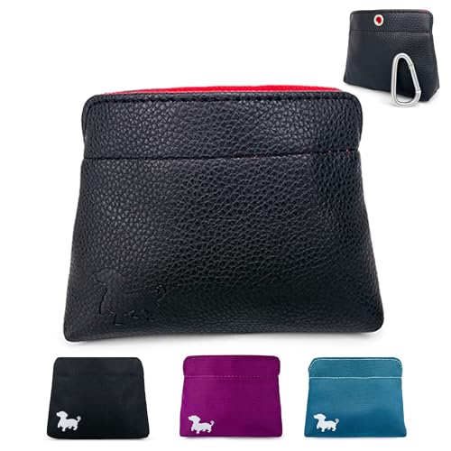 Small Dog Treat Pouch – Slim Vegan Leather Magnetic Pocket Dog Treat Bag for Walking & Training – Discreet Clip On Treat Pouch for Leash, Waistband or Pocket – Mess Free Storage (Black/Red) - color: Red Interior, size: Small