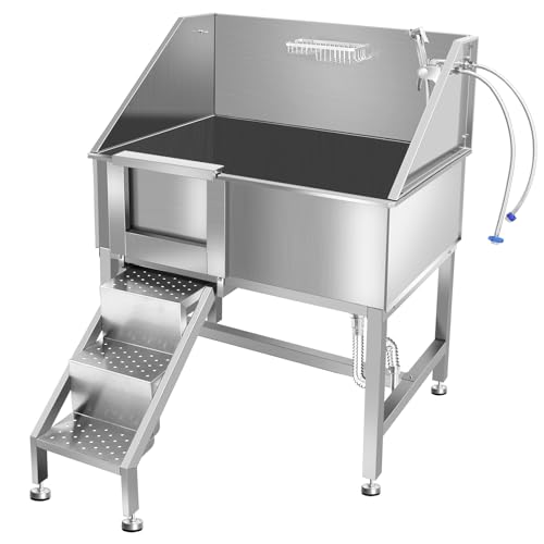 38" Dog Bathing Station, Professional Dog Washing Station Stainless Steel Dog Grooming Tub for Home,Equipped with Three Anti-Slip Steps, Removable Door, Pet Wash Station for Pet,L-RAMP - color: L-RAMP