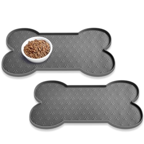 PWTAA Dog Food Mat Anti-Slip Silicone Dog Bowl Mat Thicker Pet Placemat Waterproof Cat Feeder Pad with Raised Edge Puppy Kitten Feeding Mats Suitable Small Medium-Sized Dogs Cats Eating Tray - 2PCS - color: Grey, size: 19.4" x 9.8"-2PCS