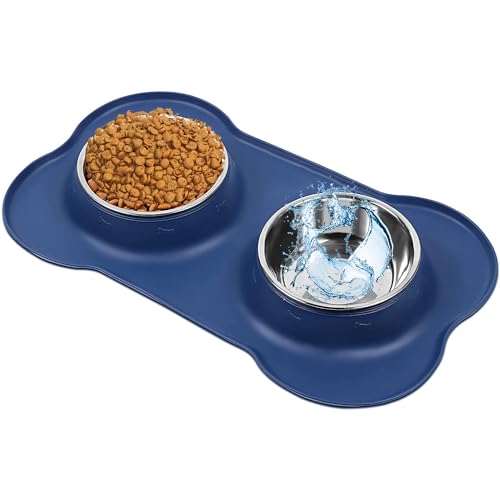 AsFrost Dog Food Bowls Stainless Steel Dog Food and Water Bowl Set, Dog Bowls No Spill Non Slip Silicone Mat, Dog Dishes for Small Medium Size Dogs Cat Puppy Pet Food Feeding Bowls, Blue, 12oz - color: BLUE, size: 1½ Cup/12 oz each