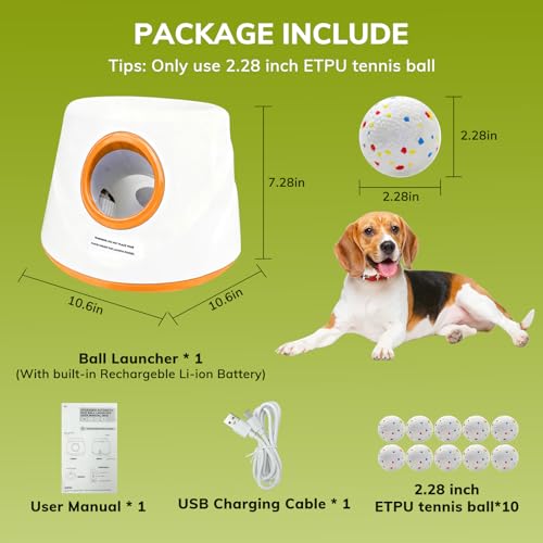 Automatic Dog Ball Launcher for Small/Medium Dogs - Small Silent Design, 3 Distance Settings (20ft/33ft/46ft), Rechargeable, 10 Durable 2.3" Balls Included (Dog Ball Launcher-Orange) - color: Dog Ball Launcher-Orange