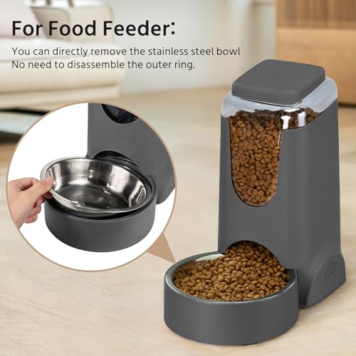 2 Pack Automatic Cat Feeder and Gravity Stainless Steel Water Dispenser, Dog Food Feeder and Waterer Set for Small Medium Puppy Kitten Pets (1 Gallon x 2, Gray) - color: 1 Gallon x 2 - Gray