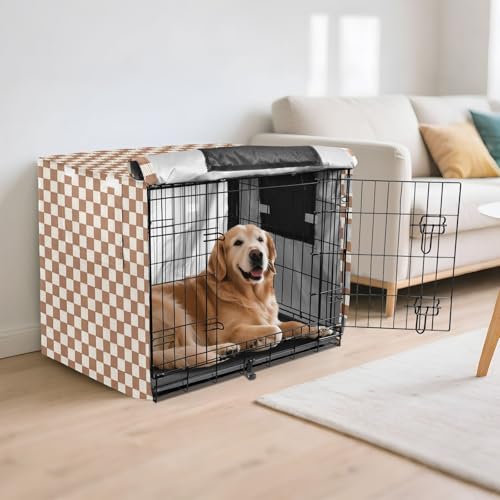 Netural Checkerboard Dog Crate Cover 600D Oxford Pet Kennel Cover with Mesh Window for Dog Cages, Windproof Waterproof Machine Washable, 30"x19"x21" - size: 30"x19"x21"