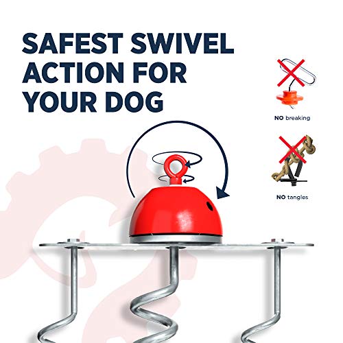 Industrial Puppy Dog Tie-Out Stake - 360-Degree Swivel Action Helps Reduce Tangles, 3 Corkscrew Anchors, Zinc-Plated Steel, Base Plate, Carabiner & Install Tool, for Dogs Up to 100 lbs, Outdoor Use