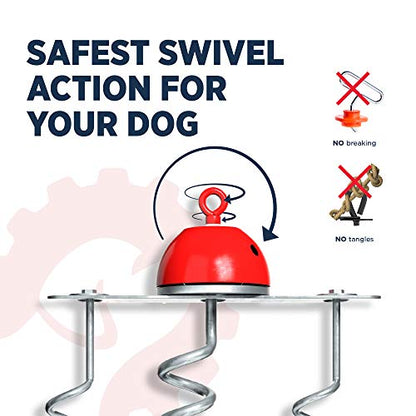 Industrial Puppy Dog Tie-Out Stake - 360-Degree Swivel Action Helps Reduce Tangles, 3 Corkscrew Anchors, Zinc-Plated Steel, Base Plate, Carabiner & Install Tool, for Dogs Up to 100 lbs, Outdoor Use