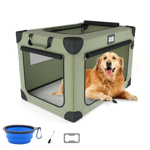 42 Inch Collapsible Dog Crate, Portable Dog Travel Crate for Large Dogs, Oxford Fabric Pet Carrier with 3 Mesh Doors, Plush Mat and a Foldable Bowl for Indoor & Outdoor, Green - color: Green, size: 42.0"L x 31.0"W x 31.0"H