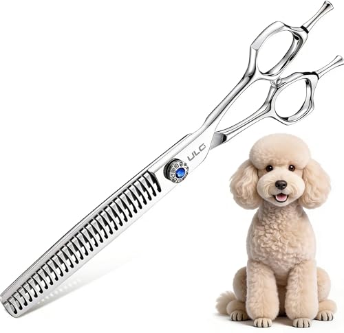 ULG Curved Dog Shears for Grooming, 7 Inch Professional Straight Chunker Dog Grooming Scissors for Trimming and Cutting, Japanese Stainless Steel Pet Hair Scissors, 65%-75% Thinning Rate - size: 7.0 Inch (Chunker)
