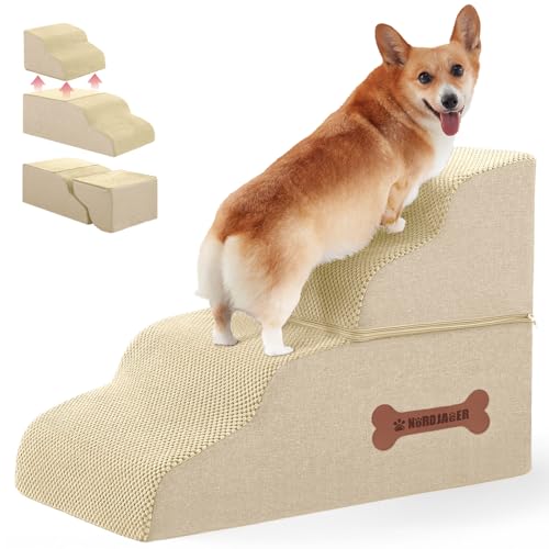 Dog Stairs 4 Steps for Small Dogs and Cats to Get on High Beds, Couch or Car, Pets Can Climb, Sit, Lie Down or Perch to Look Out Windows on The Spliceable Ramp, Provides Support, Beige（19" H） - color: Beige, size: 27.5"D x 15.7"W x 19"H