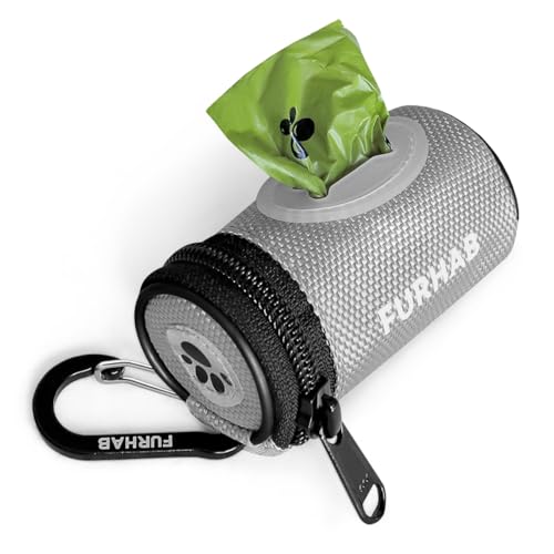 FURHAB Glow Dog Poop Bag Holder for Leash Doggie Waste Bag Dispenser Puppy Potty Carrier Small Doggy Zipper Pouch with Carabiner Clip 1680D Nylon Oxford with 1 Roll of Pet Trash Bags, Silver - color: Silver