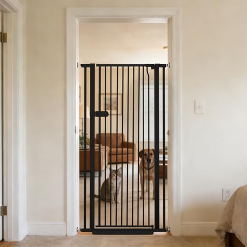 Lumizone Extra Tall Cat Gate 55.12" High 29.92"-34.24" Wide Pet Gate Black | Dog Gate for Doorway Hallway Stairs Pressure Mounted Extra Wide 1.37" Gap No Drilling Auto-Close One-Handed Operation - color: 55.12" H-black, size: 29.92"-34.24" W
