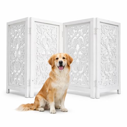 Free Standing Dog Gate – 4 Panel Foldable Wooden pet gate Indoor 56" W x 28" H, Hand-Carved Solid Wood & MDF, Portable Indoor gate for Doorways, Halls, Stairs – Fully Assembled, White Finish - color: White, size: 56"x28" Leaf 4 Panels