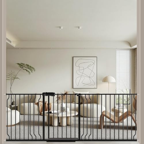 WAOWAO Baby Gate 182-216cm(72-86인치) 엑스트라 와이드 압력 장착 워크 스루 스윙 자동 닫힘 안전 금속 블랙 유아 어린이 개 애완동물 강아지 계단, 출입구, 주방용 - color: 블랙., size: 71.65-85.03"/182-218cm