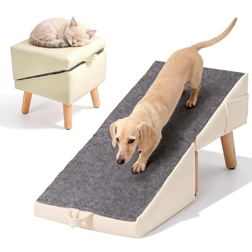 Dog Ramp for Couch & Bed, 2-in-1 Dog Stairs for Small and Medium Dogs & Cats, 16'' Indoor Pet Ramp with 23°Gentle Slope, Non-Slip Felt, Joint Protection for Senior & Injured Pets, Sturdy Ottoman-Style - color: M-beige