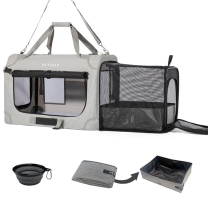 Extra Large Expandable Cat Carrier Soft Sided for Car, Portable Small Dog Carrier for 2 Cats, 24"x16.5"x16" Road Travel Folding Comfortable Design with Litter Box and Bowl