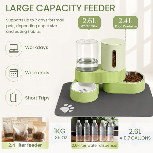 Gravity Cat Feeder 2 Pack Automatic Food Feeder Stainless Steel Water Dispenser Set 360° Rotatable Pet Bowls with Silicone Mat and Brush for Cats Small Medium Dogs, Large Capacity(Green) - color: Green-With mat/brush