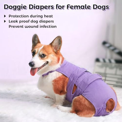 QBLEEV Dog Diapers with Suspenders, Female Escape-Proof Full Body Dog Period Diapers Overalls, Reusable Washable Sanitary Panties for Heat Cycle & Incontinence, Doggie Underwear Onesie with Tail Hole - color: Purple, size: S（Back Length:11.0"）