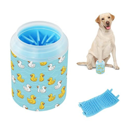 Duck Blue Print Dog Paw Cleaner Cup with Soft Silicone Brush, Portable Lightweight Small Muddy Paw Washer for Dogs, Easy to Use Pet Foot Cleaner
