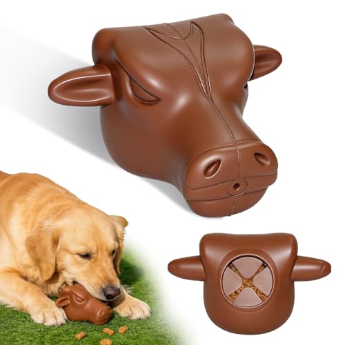 Tough Dog Toys for Aggressive Chewers | Natural Rubber Treat Dispensing Chew Toys for Medium Large Dogs, Interactive Slow Feeder Puzzle Toy for Boredom Relief & Teeth Cleaning, Dishwasher Safe - color: Brown Cow