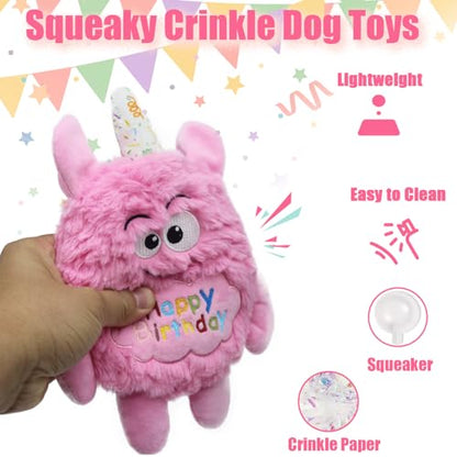 Plush Dog Birthday Toy for Girl Boy Gifts, Crinkle Squeaky Dog Toy Keep Them Busy Tug of War Stuffed Dog Chew Toy for Small Medium Large Dogs (Pink) - color: Pink