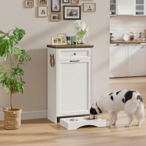 FIMELLO 21 ''WX 13''DX39''H Dog Feeding Station with 2 Feeding Bowls, Tilt-Out Dog Food Storage Cabinet with Drawer,Pet Feeder Cabinet,White Grain - color: White Grain, size: 21 inches