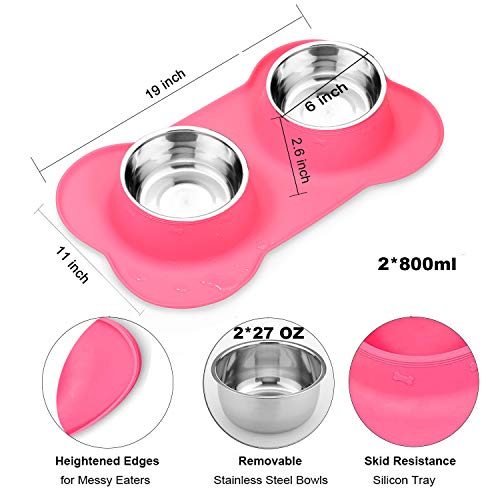 AsFrost Dog Food Bowls Stainless Steel Pet Food Bowls & Dog Water Bowls, Dog Bowls Silicone Mat No Spill Non-Skid Feeding Bowls for Small Size Dog Puppy Cat Food Dish, Pink, 3 Cup/24oz, Set of 2 Bowls - color: Pink, size: 3 Cup/27 oz each
