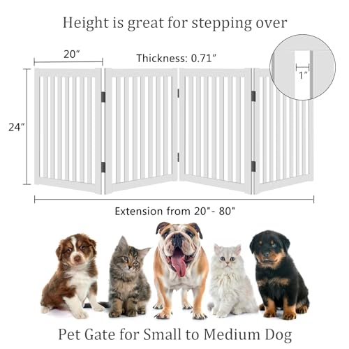 WELLAND Wooden Freestanding Pet Gate, 4 Panel 24 Inch Step Over Fence, Expands Up to 80" Wide, Foldable Indoor Dog Gate Puppy Safety Fence, White - color: White, size: 4 Panel 80" Wide