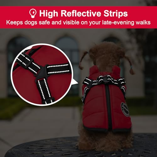 Dog Winter Coat, Warm Dog Jacket Reflective Adjustable Fleece Vest with Harness Built in, Windproof Pet Snow Jacket Snowsuit with Zipper for Small Medium Dogs, Red XS - color: Red, size: X-Small