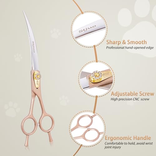7'' Curved Dog Grooming Scissors, Professional Japanese 440C Stainless Steel Pet Grooming Shears with Silencer for Dogs and Cats, Sharp & Ergonomic Hair Trimming Scissors for Face, Paws & Body - size: 7‘’, style: Curved
