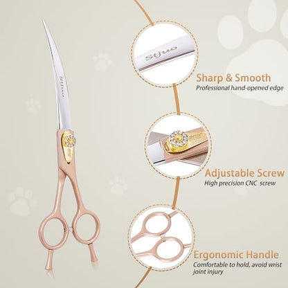 7'' Curved Dog Grooming Scissors, Professional Japanese 440C Stainless Steel Pet Grooming Shears with Silencer for Dogs and Cats, Sharp & Ergonomic Hair Trimming Scissors for Face, Paws & Body - size: 7‘’, style: Curved