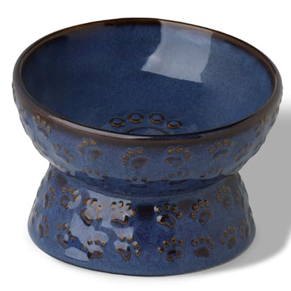 GDCZ Ceramic Tilted Elevated Cat Bowl, for Fat Faced Cat, Kitten (Blue) | 15° Tilted Elevated Design,5oz Small Meal Capacity,Chin-Friendly Ceramic,Paw Print - color: Blue