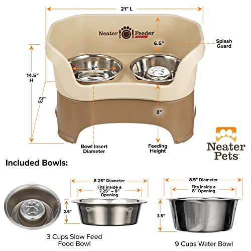 Neater Feeder Deluxe Mess Proof Dog Bowls Elevated for Large Breeds – Made in USA – No Spill Raised Slow Feeder Elevated Dog Bowl Stand, Stainless Steel Food and Water Bowl Set, Cappuccino - color: Cappuccino, size: Large with Slow Feed Bowl