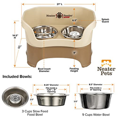 Neater Feeder Deluxe Mess Proof Dog Bowls Elevated for Large Breeds – Made in USA – No Spill Raised Slow Feeder Elevated Dog Bowl Stand, Stainless Steel Food and Water Bowl Set, Cappuccino - color: Cappuccino, size: Large with Slow Feed Bowl