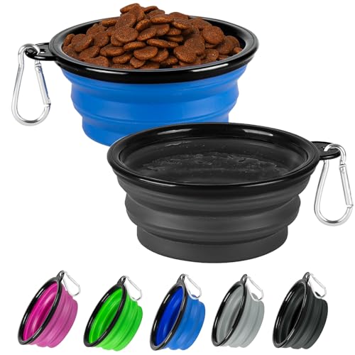 Dog Bowl Collapsible, 2 Pack Portable Foldable Travel Water Bowl Food Dishes with Carabiner Clip for Traveling, Hiking, Walking(12oz, Small, Blue+Black) - color: Blue+Black, size: Small